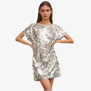 Silver mirrorball sequin mini dress with short sleeves and round neckline