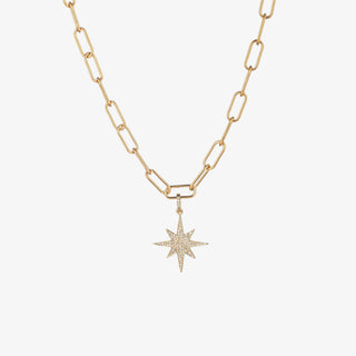 North Star Paperclip Necklace in gold with CZ crystal pendant, celestial charm on modern chain link design.