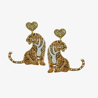 Shop beaded tiger statement earrings with sparkling crystal heart studs. Lightweight gold tiger earrings perfect for LSU game days and bold outfits.