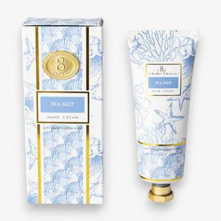 sea salt hand cream tube and box with blue coastal print and gold accents 8 oak lane 3.4 oz