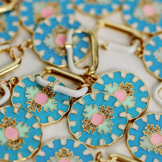 Blue Capri tile drop earrings with enamel charm and white hoop detail front product view