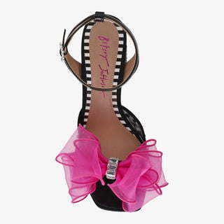 Betsey Johnson Palloma Heel with pink organza bow, jeweled ankle strap, and leopard block heel platform sandal for statement style.
