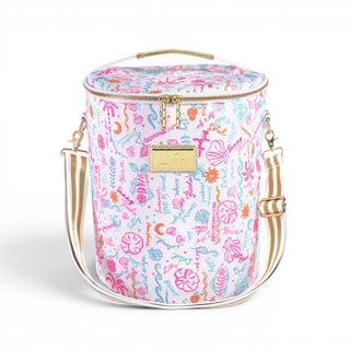 Lilly Pulitzer beach cooler bag in Summer Serenade print with adjustable shoulder strap, top handle, and insulated design front view