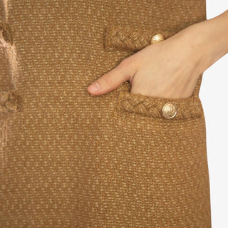 Evelyn Tweed Dress in Camel with short sleeves and gold button front pockets.