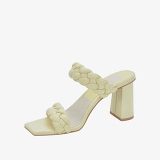 Paily Heels in light yellow with braided double straps and square open toe.