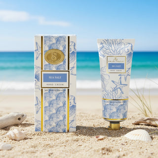 Sea Salt hand cream tube coastal packaging beach setting hydrating lotion skincare front view