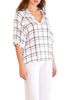 Stark X Ashley White Plaid V-Neck Top-Three Quarter Sleeves- 100% Cotton Gauze Womens Shirt
