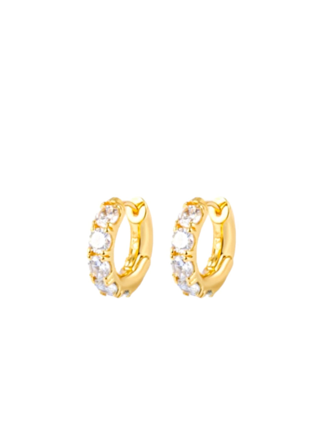 Lucid Huggie Hoop earrings featuring 18k Gold Plating, CZ's on a thick base that fits snug against the ear.