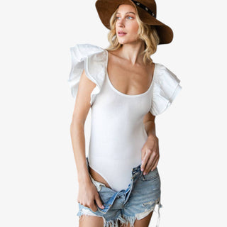 White ruffle shoulder ribbed bodysuit for women