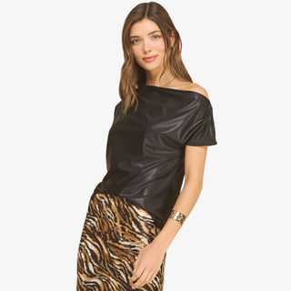 Black one shoulder top with relaxed draped neckline and subtle shimmer for dressy and evening outfits.