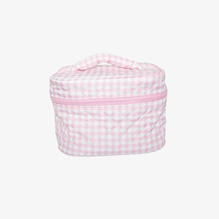 Pink plaid quilted makeup bag with zip closure and interior pocket