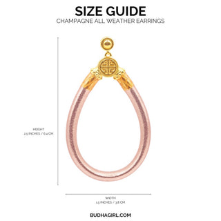 BudhaGirl Champagne All Weather Earrings size guide showing 2.5 inch height and 1.5 inch width product dimensions view