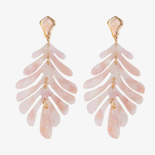 Pink palm leaf drop earrings lightweight dangle statement summer front view

