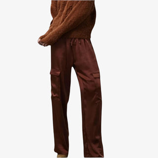 Melissa Nepton Miranda Pant in chestnut brown with straight-leg cargo silhouette and drawstring waist.