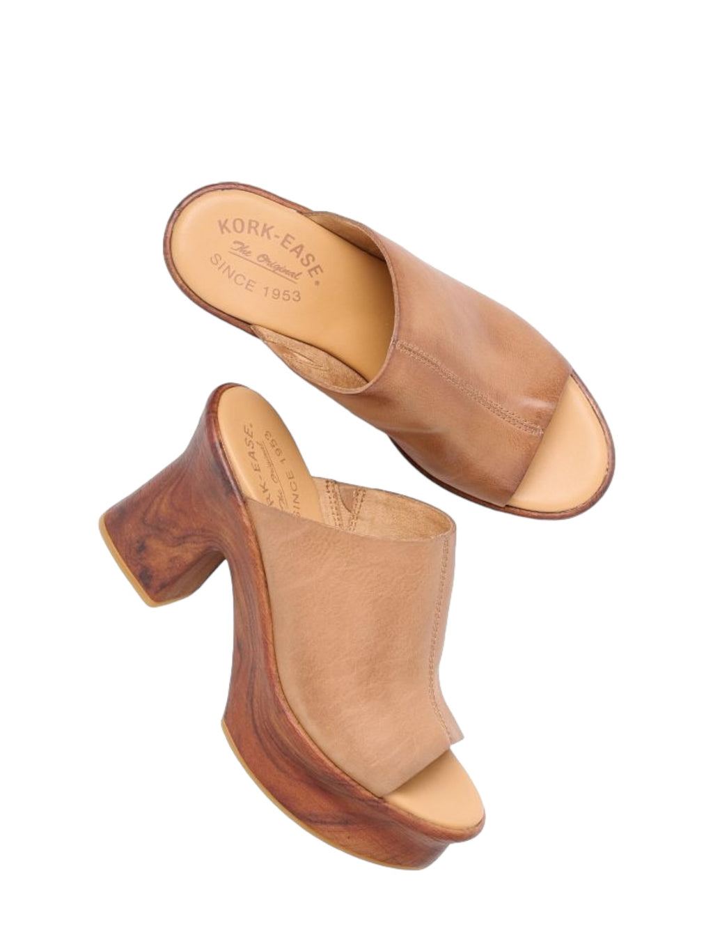Brown leather platform heel with cushioned footbed and faux wood heel, perfect for stylish comfort. Shop Kork Ease Cassia Platform Heel now!
