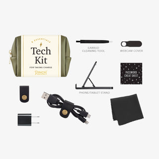 Olive green tech essentials kit with eight tools including charger, cable, stand, webcam cover, cleaning cloth, and organizing accessories