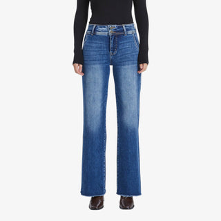 High-rise straight leg jeans with raw hem in medium wash denim