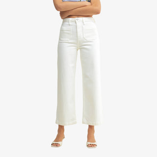 Off white wide leg jeans with sailor patch pockets high rise cropped denim pants for women