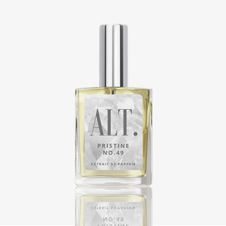 Perfume bottle of ALT. Pristine No. 49 Fragrance on a white background with a marbled white and grey label