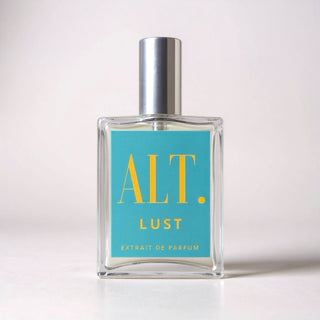 Perfume bottle with teal label and gold text on a light background