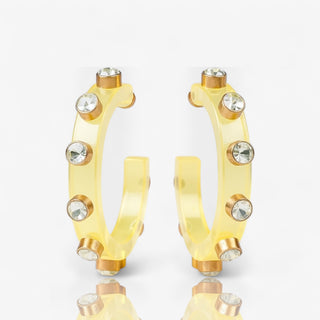 Resin hoop earrings with gold rhinestone accents in yellow