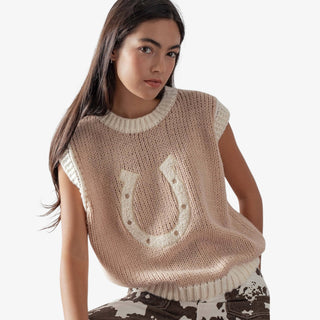 Mocha horseshoe sweater vest with cream trim and embroidered horseshoe detail on front