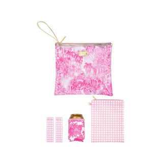Lilly Pulitzer pink beach day pouch set with zip pouch, drink hugger, and towel clips flat lay view