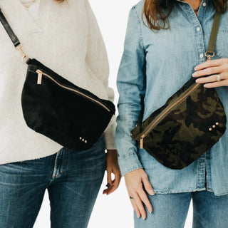 camo belt bag crossbody hide on hair fabric worn with denim outfit front view