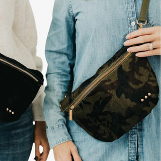 camo belt bag crossbody hide on hair fabric worn with denim outfit front view