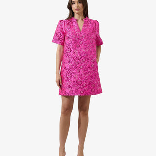 Fuchsia jacquard mini dress with puff sleeves, floral texture, and metallic shimmer for a bold, feminine statement look.