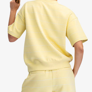 Striped Scuba Top in Butter Yellow with white stripes, short sleeves on model back view