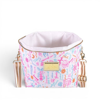 Lilly Pulitzer insulated cooler bag with spacious thermal-lined interior, zip-top closure, and Summer Serenade print open view