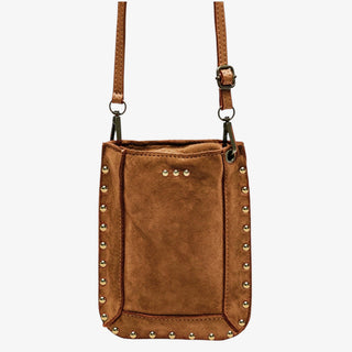 A brown suede crossbody bag with gold-tone metal studs along the edges and a matching brown leather strap, shown against a plain white background.