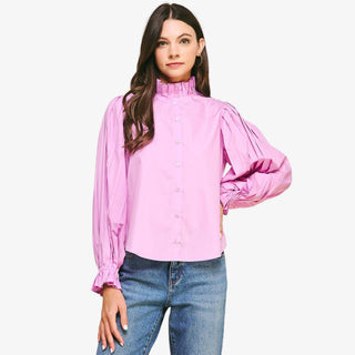 pink button down blouse pleated sleeve ruffle neck front view