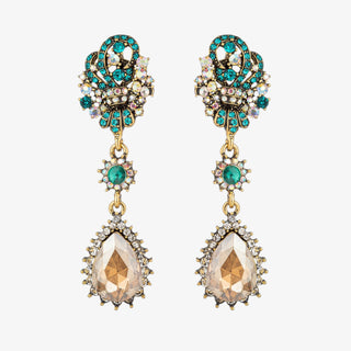 Aria crystal cascade drop earrings with emerald accents and teardrop crystal detailing