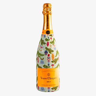 Veuve Clicquot champagne bottle with a colorful label on a white background
