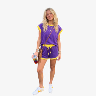 Purple and gold scuba game day set with cap sleeve top and drawstring shorts front view