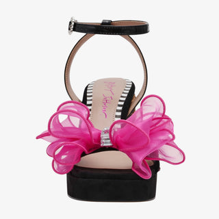 Betsey Johnson Palloma Heel with pink organza bow, jeweled ankle strap, and leopard block heel platform sandal for statement style.