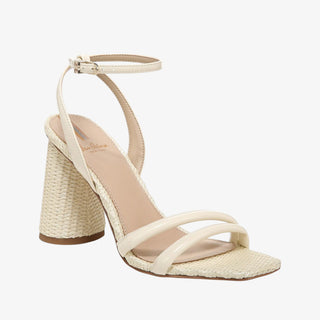Sam Edelman Kia beige high-heeled sandal with woven heel on a white background