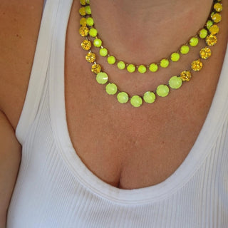 neon yellow crystal necklace gold chain tennis style bright statement jewelry front view