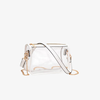 Clear crossbody bag with white trim and gold chain accents