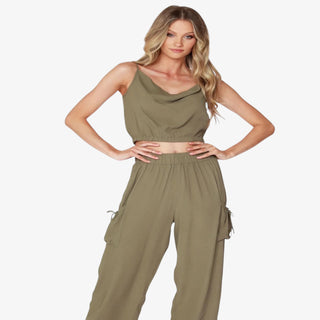 Bobi Black Cowl Tank top with draped neckline and elastic waist