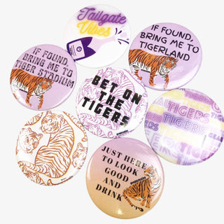 Lavender round button with tiger graphic and text “If Found, Bring Me to Tigerland.”