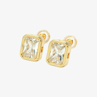 Gold 10mm bezel-set clear CZ stud earrings on white background