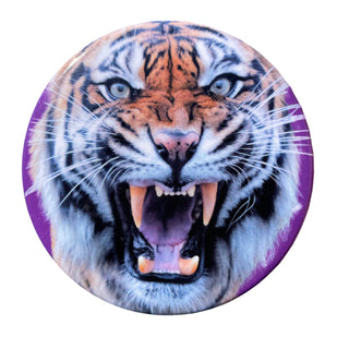 Mad Tiger Button with fierce tiger face on purple background LSU game day accessory