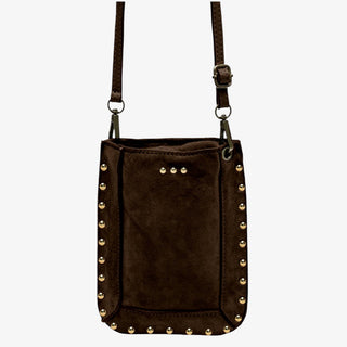 A dark brown suede crossbody bag with gold-tone metal studs along the edges and a matching brown strap, shown against a plain white background.