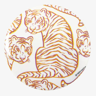 Sassy Tigers Button with orange and purple tiger face and stripe design, round accessory for Game Day style