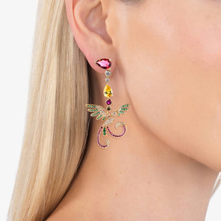 Alexandrine statement earrings with multicolor crystal drops and gold-tone bird-inspired design