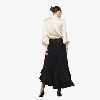 Champagne satin mock neck blouse with puff sleeves and draped neckline