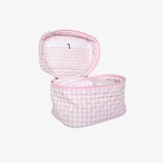 Pink plaid quilted makeup bag with zip closure and interior pocket